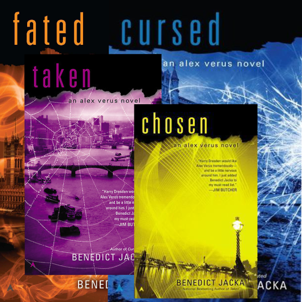 A montage of the four first Alex Verus book covers