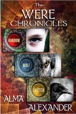 The cover for the Were Chronicles - an abstract cover showing a boy, a wolf and a magpie in three inset photographs against an abstract background.