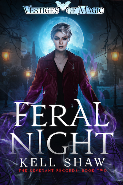 The cover of Feral Night, by Kell Shaw, showing Lukie in front of mysterious castle, the full moon behind her.